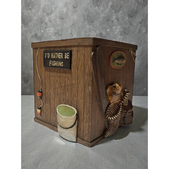 Rustic Fishing-Themed Resin Tissue Box Cover Man Cave I'd Rather Be Fishing - Picture 1 of 7